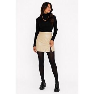 Faux Leather Mini Skirt Beige Cream Front Slit Preppy Dark Academia Y2K - NWT